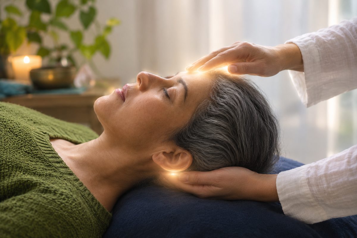 Gentle hands held over a client's head during a craniosacral therapy session